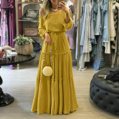 Ladies Off-Shoulder Lace Up Belted Maxi Dress