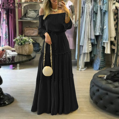 Ladies Off-Shoulder Lace Up Belted Maxi Dress