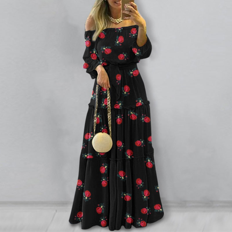 Ladies Off-Shoulder Lace Up Belted Maxi Dress