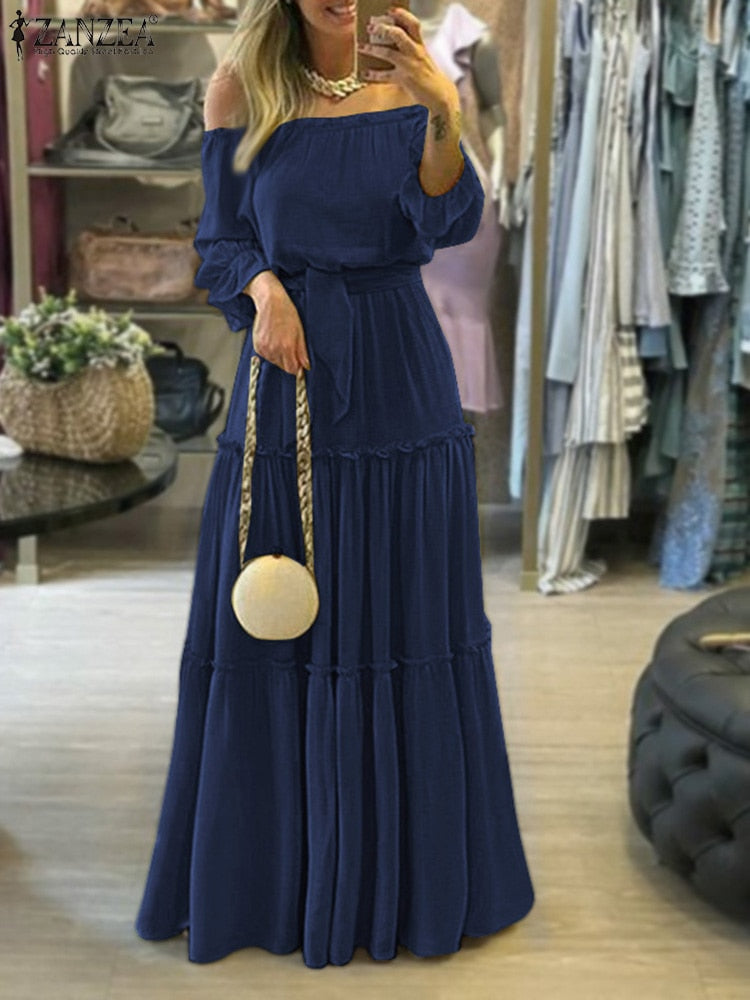 Ladies Off-Shoulder Lace Up Belted Maxi Dress